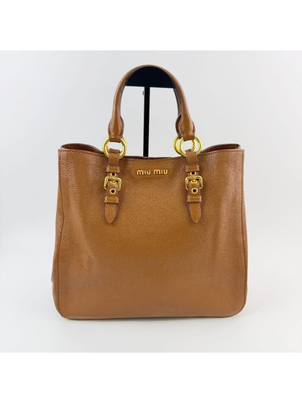Miu Miu Logo Ring Buckle Handle Handbag Leather Camel Gold Vintage